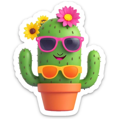 cheerful cactus with sunglasses with flower on head sticker