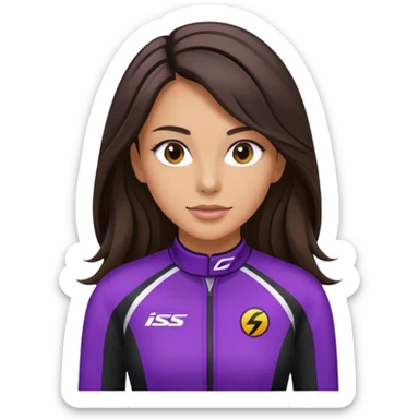 brunette long hair woman with black racing outfit with purple strips sticker