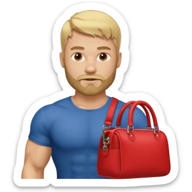 a muscular man wtih a blond short hair and beard doing number 2 in a red bag sticker