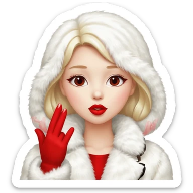 A beautiful, cute girl with red lipstick on her lips in a white fur coat,  in full view, blowing a kiss. sticker
