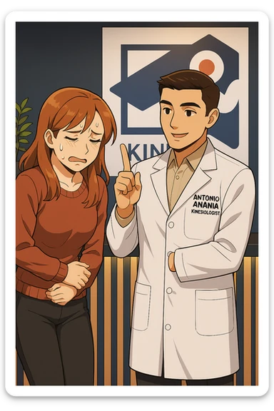 su questo stile fai un manga/webtoon a colori in cui una donna PREOCCUPATA FA UNA DOMANDA ALL'UOMO, l'uomo della foto in stile manga LE DICE DI "NO" CON IL DITO, mantieni un ambiente simile alla foto che ho allegato con il suo logo (sarebbe il suo studio, lui è un kinesiologo), scrivigli "ANTONIO ANANIA" sul camice bianco, non mettere fumetti, ma fai in modo che sembri che la donna CHIEDA ALLARMATA E L'UOMO LA TRANQUILLIZZI sticker