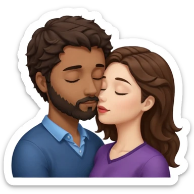 White woman (brown hair with eyes closed) kissing the top of the head (forehead) of brown man with black wavy hair (has a a beard with his eyes closed too). Woman has her lips to the forehead of the man. sticker