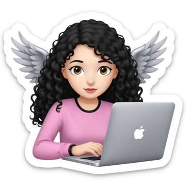 a girl typing mac book with long black curly hair and brown eyes with winged black eyeliner, pink shirt sticker