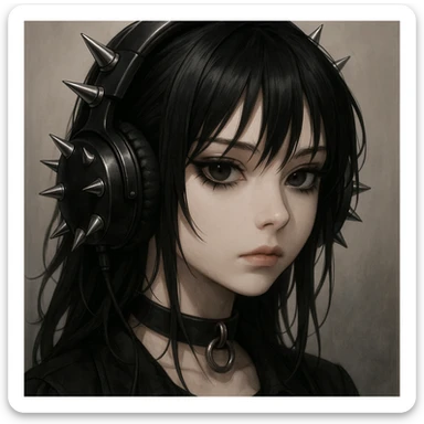 goth headphones, black with silver spikes, realistic anime style sticker