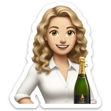 white girl with tan, carmen brown wavy hair, wearing a white v cut shirt holding a class of champagne. sticker