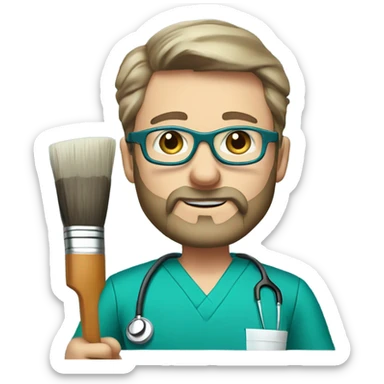 male dark blond with grey beard doctor with blue-green eyes and glasses in teal scrubs holding a paintbrush and a paint palette sticker