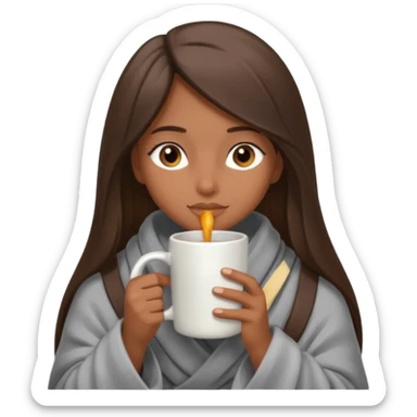 A girl with brown eyes, an ios emoji, long straight hair, wrapped in a gray blanket, and drinking from a New Year's mug sticker