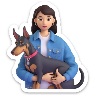 girl wearing denim jacket holding a Doberman sticker