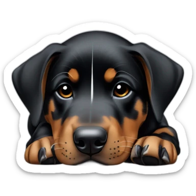 Sleeping black and brown beauceron puppy with white chest and chin sticker