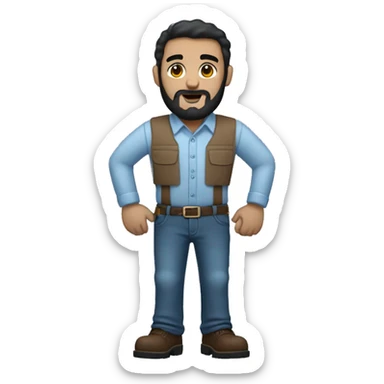 A standing engineer with white skin and black beard, wearing light blue blouse and dark nave jeans and brown shoes  sticker