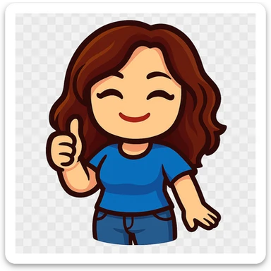 chibi emote of the woman from the reference images, wearing a blue t-shirt and jeans, giving thumbs up, no headband, no wand, transparent background sticker