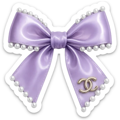 Remove the background, keep only the elegant bow with pearls and gold Chanel logo, glossy, pastel colors, realistic style, with no background. purple sticker