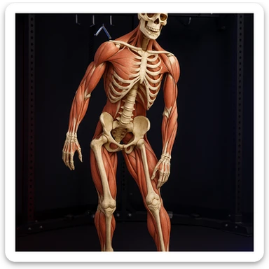 Hyperrealistic anatomical view of the same pose: tilted pelvis, valgus knee, pronated foot, with detailed visible bones and muscles, gym environment, 4K quality. Variant 2: more marked valgus knee. sticker