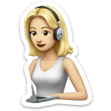 Emoji of a blonde white girl on her laptop with earphones in with a coffee sticker