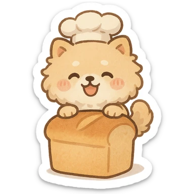 chibi style soft fluffy dog as a bread maker, peeking from a bread loaf, cheerful, warm beige, full-body sticker