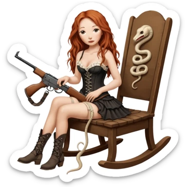 realistic cinematic Tori Amos sits on a rocking chair in a torn corset, holding an antique rifle and her bare feet are muddy. A white snake is wrapped around the chair. sticker