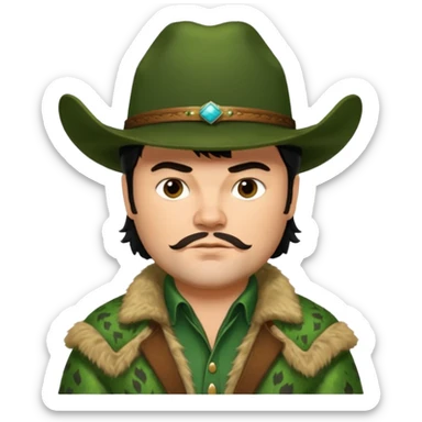 jack black haired cowboy in green fur coat with black hat sticker