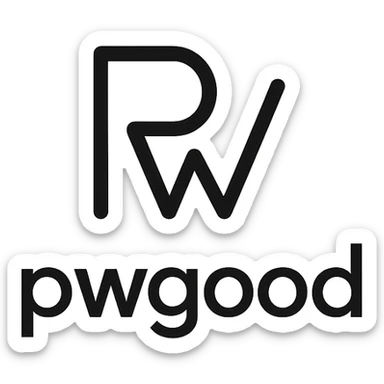 minimalist logo for 'pwgood' featuring an abstract symbol with clean lines, black and white color scheme sticker