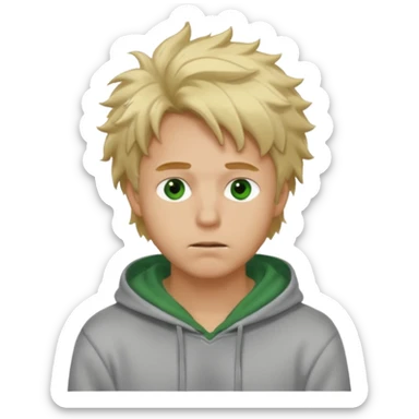 Hot, fluffy messy  hair blond guy with green eyes and grey hoodie closed mouth sticker