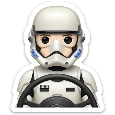 ["Stormtrooper helmet driver, white armor, hands on steering wheel."] sticker