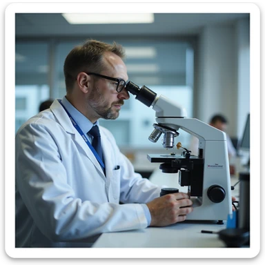 realistic doctor in lab coat analyzing stool sample in laboratory for parasite research, microscope and slides visible, clinical environment sticker