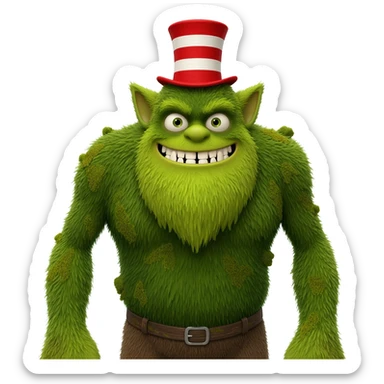 A towering, green-furred ogre with Shrek’s broad build and swampy texture—mixed with the tall, lanky proportions of the Cat in the Hat. He has small ogre ears poking through a slightly tattered red-and-white striped top hat. His wide grin blunt ogre teeth, his eyes sparkle mischievous, catlike charm sticker