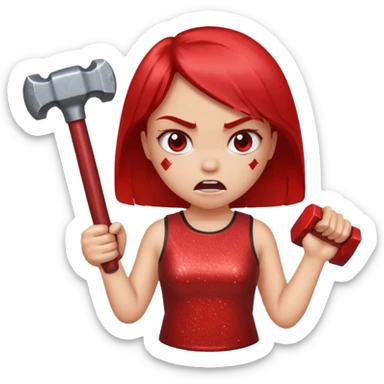 red glitter angry girl with a giant hammer sticker