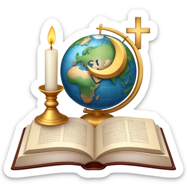 An icon featuring a holy book, a candle, and a cross, symbolizing religious studies. The design includes a globe with various religious symbols: a crescent moon and star (Islam), a lotus flower (Buddhism), representing global belief systems. Transparent background. sticker