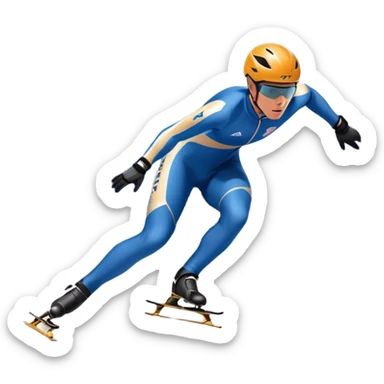 An icon showing a grand arena, snow-covered mountains in the distance, and a crisp blue sky with professional speed skater leaning into a turn on a polished ice track, dressed in a sleek suit and helmet. Transparent background highlights speed and precision. sticker