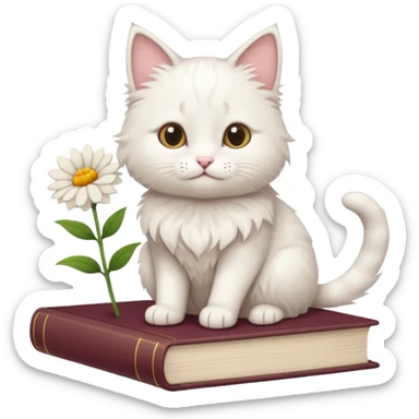 A white fluffy cat sits on top of a beige book + flower sticker