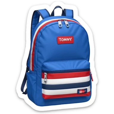 simple blue backpack, at the bottom pocket there is a  logo featuring a Tommy Jeans-inspired logo. The logo looks like a vertical one red, one white. The flag are vertical, not horizontal. Flat

 sticker