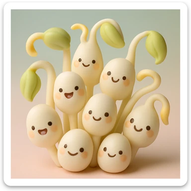 a bunch of bean sprouts with cute faces, fondant cake art style, pastel palette, no text sticker
