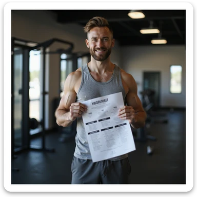 realistic man in gym changing workout plan sheet, wearing sportswear, holding a new workout plan sheet while handing over or putting away the old one, modern gym atmosphere, hyperrealistic details, 4K resolution, focused or satisfied expression sticker