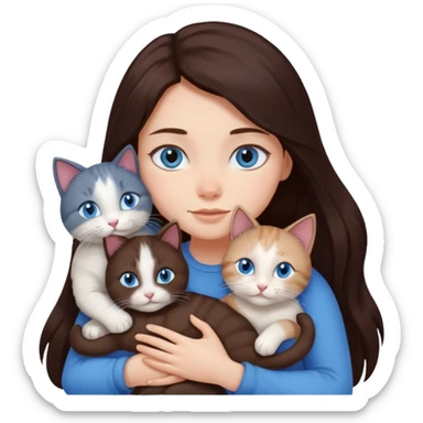 a girl with long dark 
brown hair, with blue eyes, hugs 3 different natural coloured cats sticker