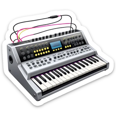 Create a professional and detailed emoji that represents sound design. The design should feature a high-end studio synthesizer, specifically a Korg synthesizer, with a mixing console and control panel, all connected with audio cables. Surround the equipment with flowing sound waves or musical notes to symbolize the creation and manipulation of sound. Use colors like metallic silver, black, and neon accents to emphasize the technical, creative nature of sound design. The background should be transparent. sticker