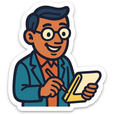 therapist cartoon character with glasses and notepad, smiling and writing sticker