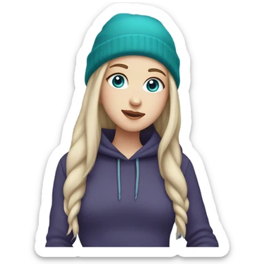 White girl, blue eyes, long teal hair, purple beanie hat, black hoodie, blue jeans, black shoes sticker