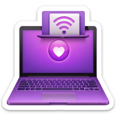 Minimal purple icon: a glowing laptop with a book icon on its screen and a Wi-Fi signal above. Flat style, gradient. sticker