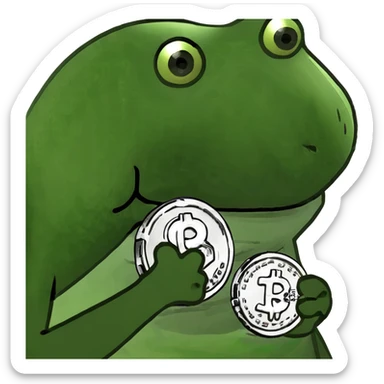 bufo frog (pepe) with a single coin in hand sticker