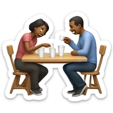 An emoji of a family—mother, father, and child—sitting at a table, playing a cup game with paper cups arranged on the table as they have fun together sticker