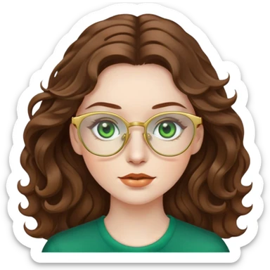 woman with pale skin, brown wavy hair, green eyes, gold glasses sticker