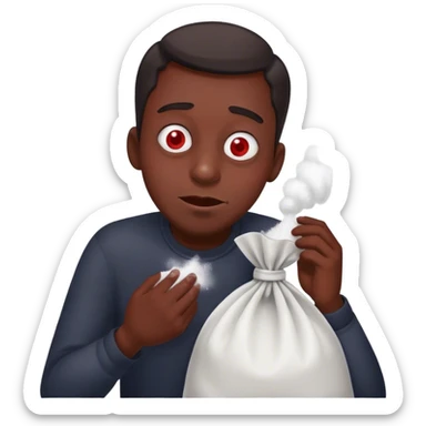 A goofy man with red eyes snorting a large bag of white powder  sticker