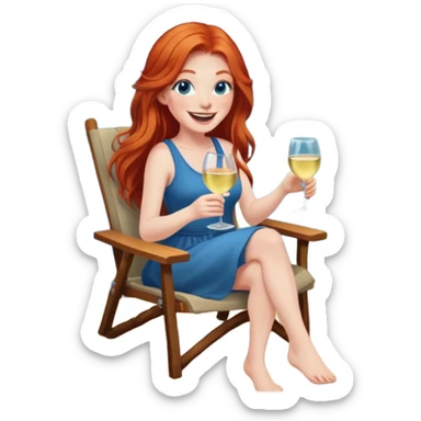 Laughing redhead long hair and blue eyes holding white wine sitting in chair beside campfire sticker