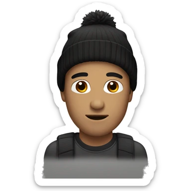 white male with black hair wearing a beanie sticker