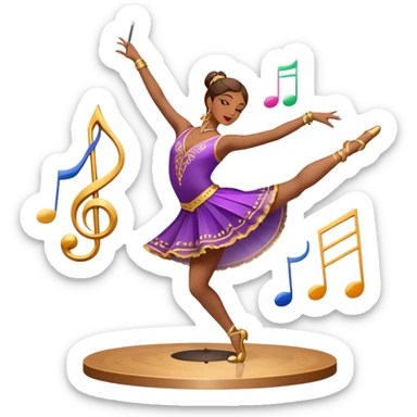 Icon for Choreography: a dancer in a graceful pose with musical notes, a director’s baton, a metronome and a dance floor. The icon should represent the art of choreography, with focus on movement, timing, and creativity. Transparent background. sticker
