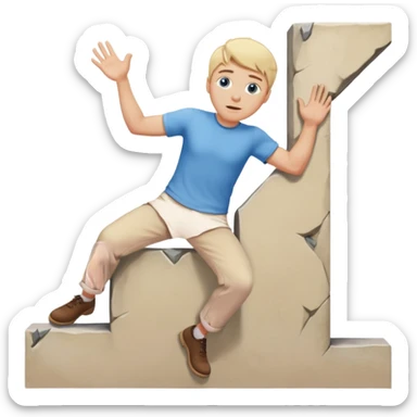 Blonde man with blue eyes wearing a cream top and beige trousers climbing over a wall sticker