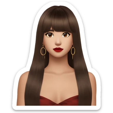 pretty girl with hair reaching below armpits with curtain side bangs styled like Lalisa Style hair during Rockstar MV, brown eyes, red lips, dark chocolate brown hair, hoop earrings  sticker