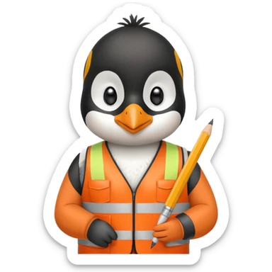 worker penguin wearing orange west holding a pencil sticker