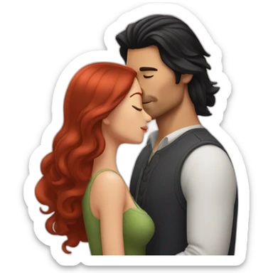 man with long black hair and no beard kissing with shorter long red-hair woman sticker