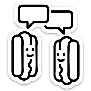 two hotdogs talking to each other, each with a speech bubble, outlined cartoon style, simple and bold sticker